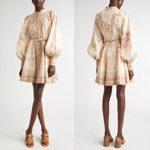 NWT Zimmermann Tropical Flower Long Sleeve Belted Linen Minidress 2 US8